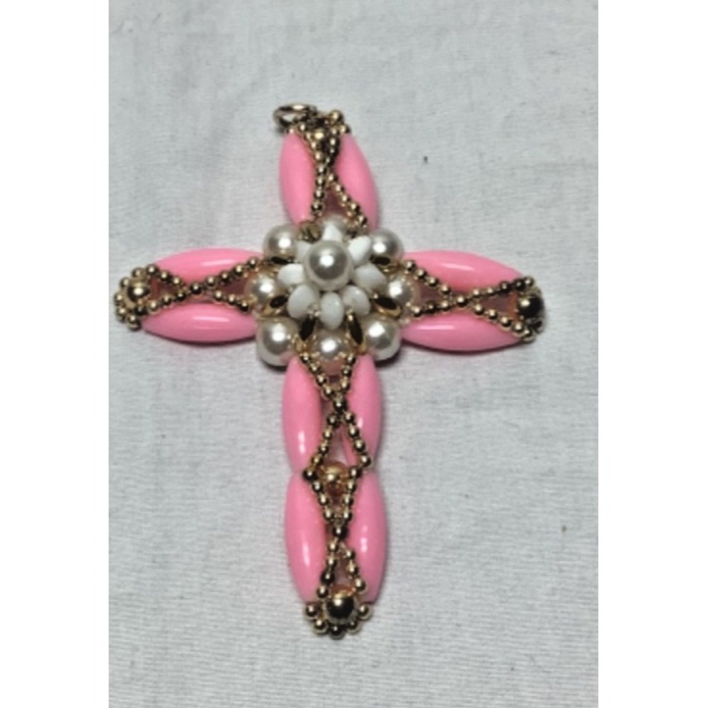 Vintage Handmade Pink White and Gold Beaded Cross Ornament Craft 3.5 inch
